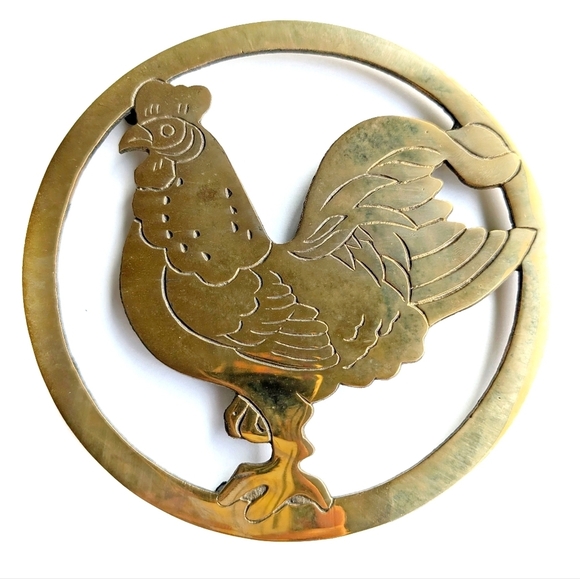 ROOSTER Solid Brass Vintage Trivet Golden Retro Potholder Farmhouse New - Picture 1 of 7